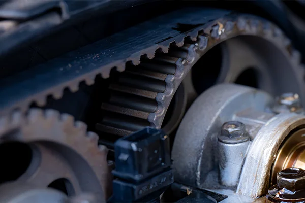Close-up of timing belt connected to camshaft