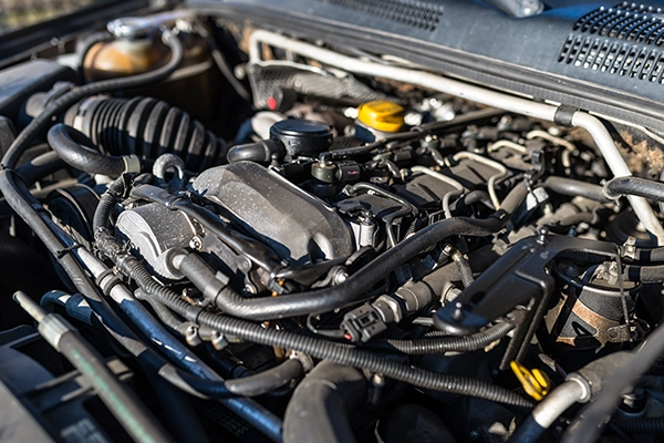 Close-up of engine in engine bay with hood opened