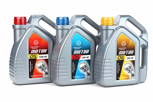 Three jugs of motor oil with differing oil weights and packaging colors